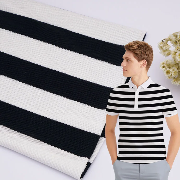 High quality double yarn knitted 100% modal striped  pique black and white polo t shirt material