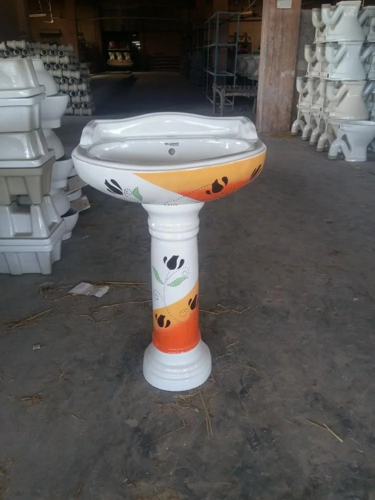 OEM Orange Color Vinus Set Wash Basin with Pedestal Sink Flower Printed Hot Sell for House Use Bathroom Ceramic Sanitary Wares