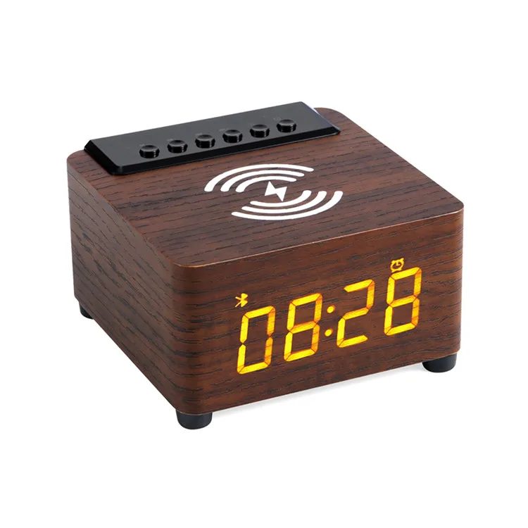 Manufacturers wholesale selling wireless mobile phone charger wood grain bt speaker alarm clock LED display FM radio speak