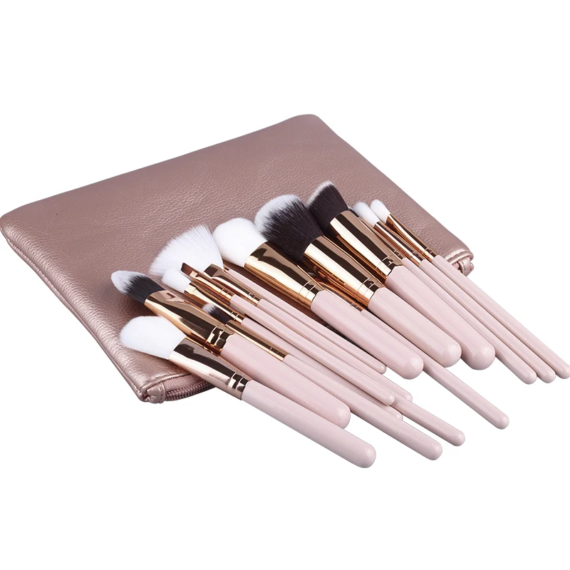 LOW MOQ Customized 15pcs Rose Gold Pink Private Label Vegan Make Up Tools Powder Foundation Eyes Brush Makeup Brush Set with bag
