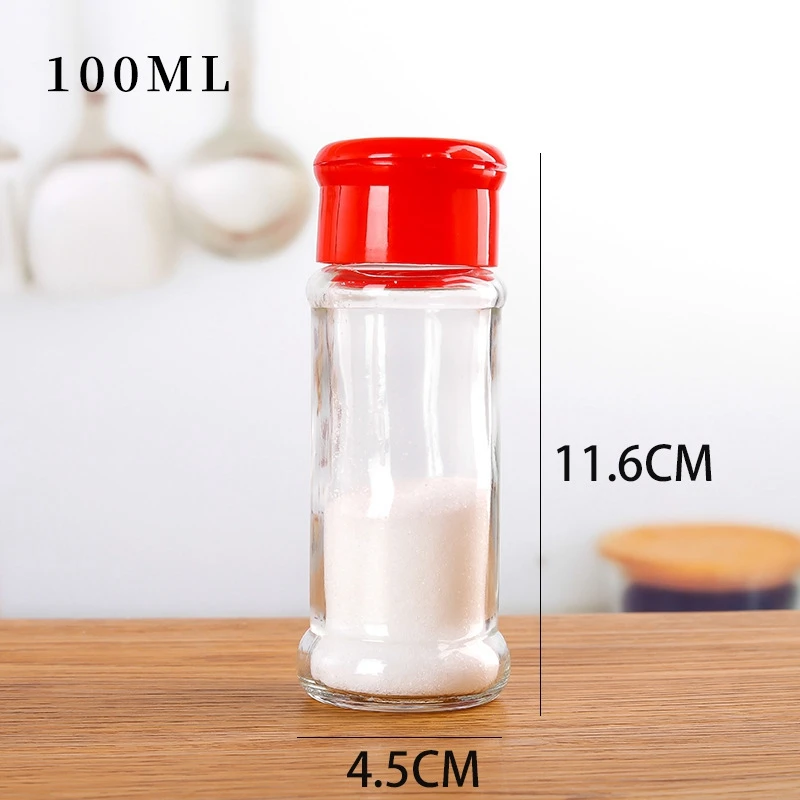 Recycled 70ml 100ml Round Glass Spice Jars Glass Condiment  Pepper Storage Jar with Green Red Yellow Black Plastic Shaker Lids