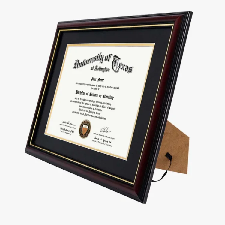 Mondon Cherry Document Frame with Double Gold Accents for Hanging Diplomas and Degrees