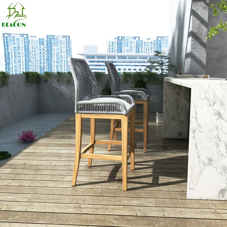 Out door solid wood bar chair teak nordic minimalist dining kitchen counter height bar stool chair for restaurant club