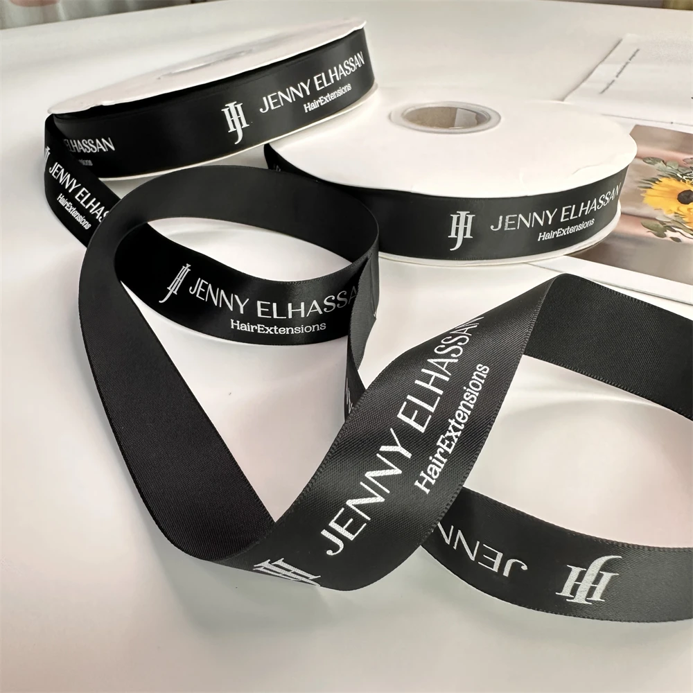 MOQ 1 Roll Luxury Custom Print Satin Ribbon for Gift Wrapping Brand Logo Black Polyester Satin Ribbon for Packaging Clothing Box