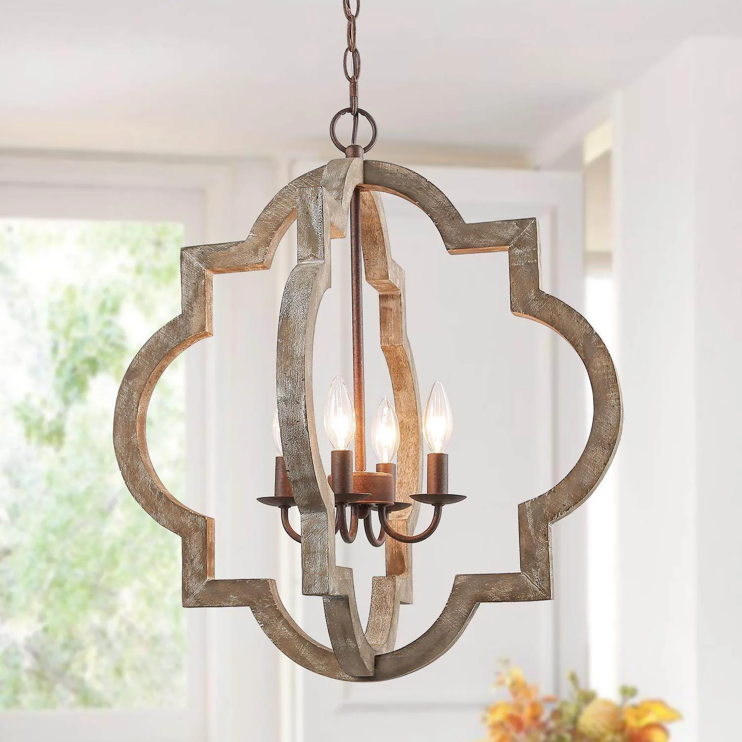 Handmade Distressed Wood Brown and Rust Bronze Farmhouse Lantern Chandelier for Kitchen Island Dining Room Bedroom Living Room