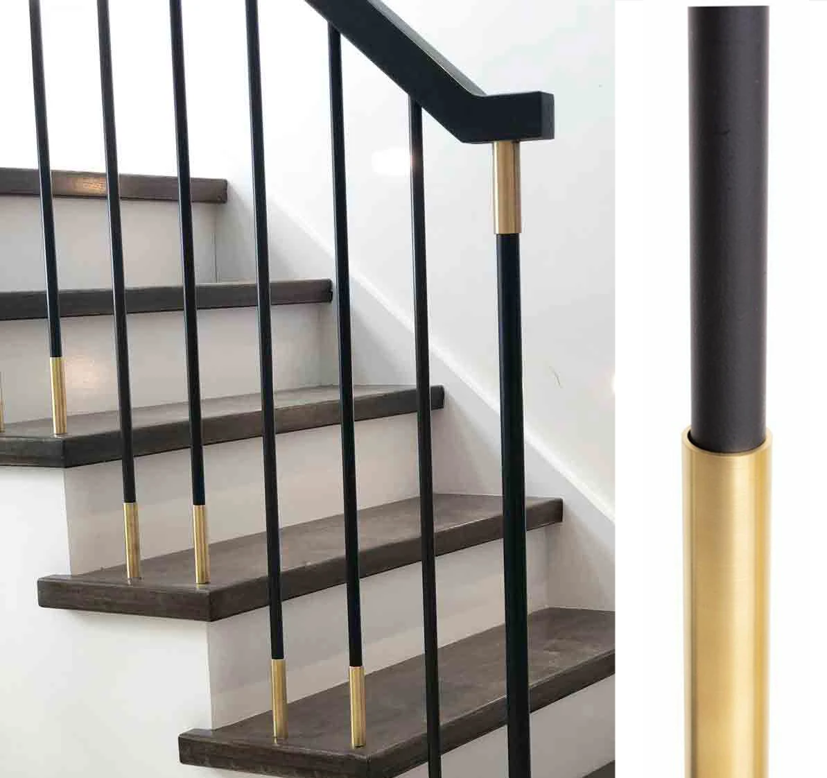 OUYA Modern Railing System Hollow Black Round Spindles with Brass Sleeves
