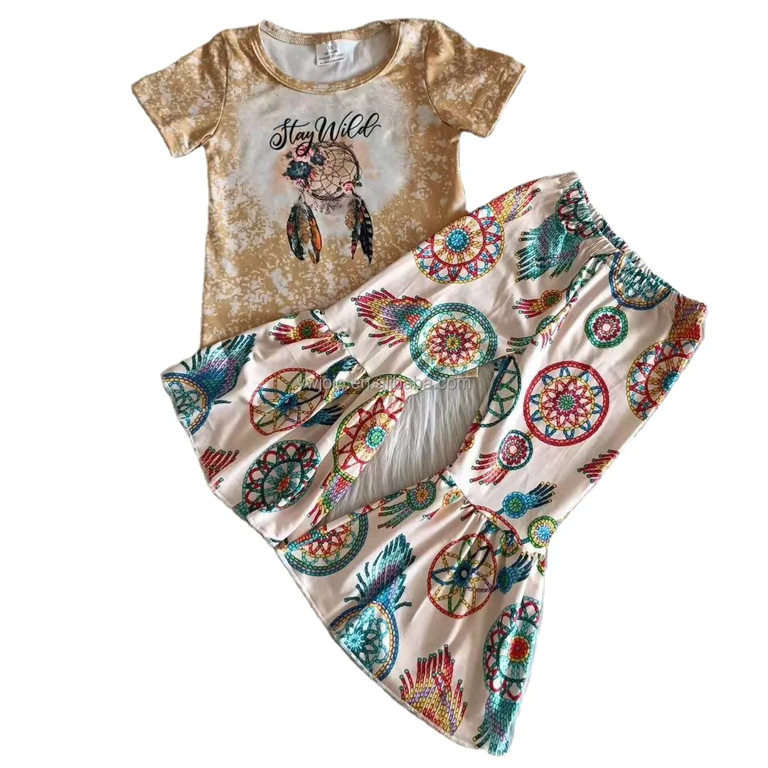 wholesale kids clothes yellow short sleeve dream catch pattern casual bell-bottoms 2 pcs boutique baby girl clothes