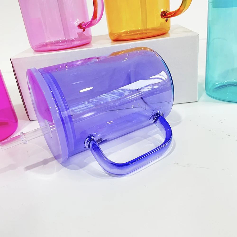 wholesale bulk 17oz Jelly Glass Camper Mug with colored pp lid Tea Milk Beer Crystal clear sublimation glass mug with pp lid