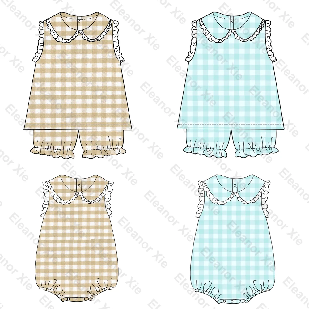Sister matching kids clothing girls short set and baby ruffled bubble romper summer toddler gingham outfit