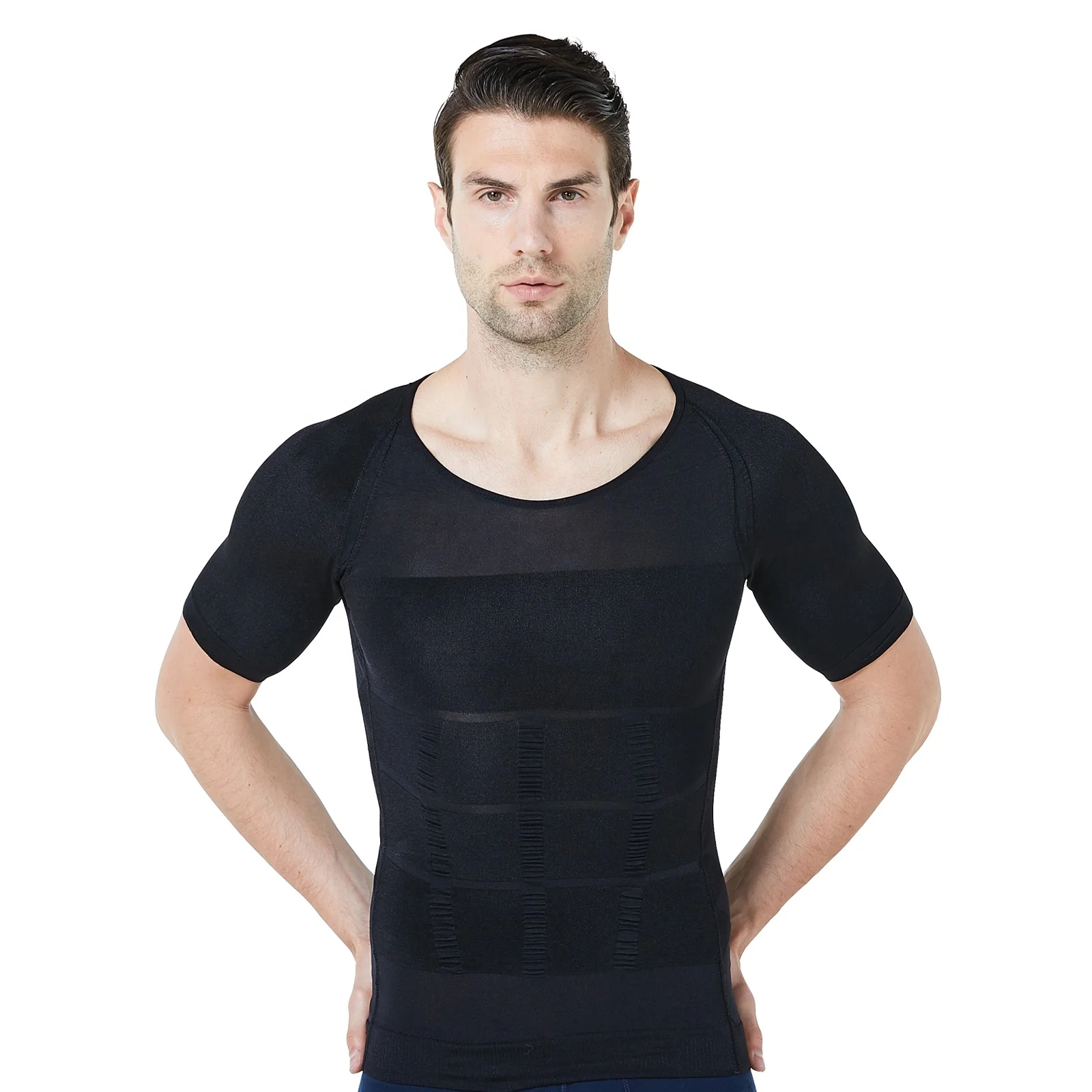 MeiSu R008BK Seamed 70D Classic Firming Panels Male Slimming Body Slim Fit Blank T-Shirts