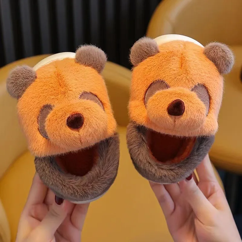 2024 New kids boys fuzzy indoor bear slippers warm fur slip on cotton shoes children girls plush furry home slides slippers