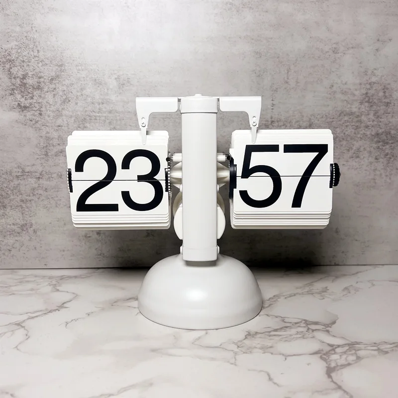 Small Scale Retro Flip over Quartz Clock Stainless Steel Internal Gear Operated Black/White Analog-Digital Table Clock