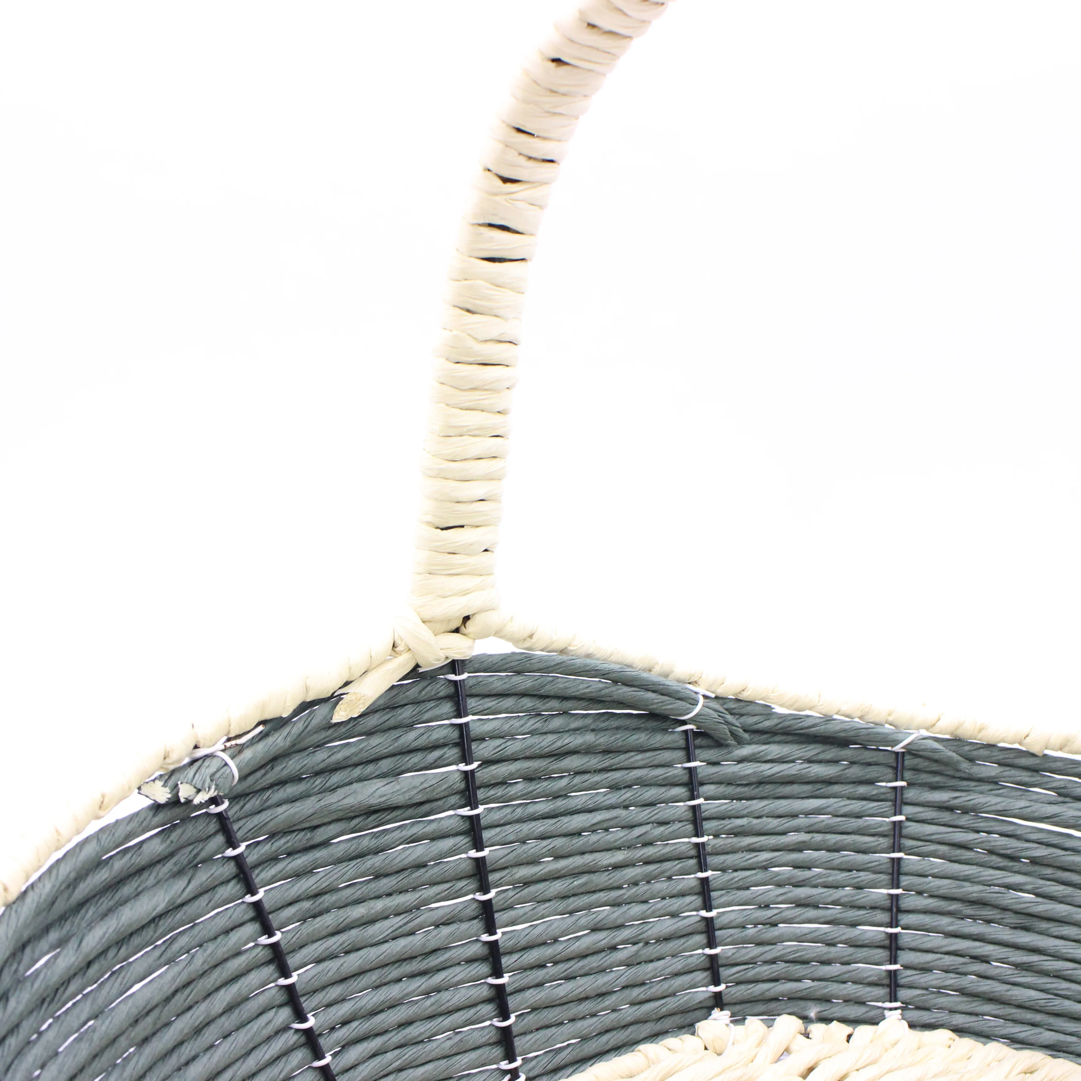 European style high handle dark green beige paper rope wood chips mixed high quality flower basket storage basket