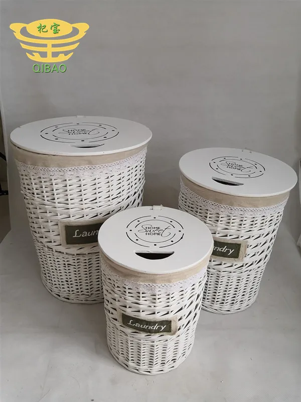 Modern Nordic style wicker woven laundry basket 3-piece stackable storage laundry basket with wooden cover