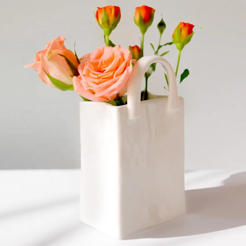 Cute Multi-use Small Stationery Storage Tabletop Mini White Porcelain & Ceramic Handbag Vase