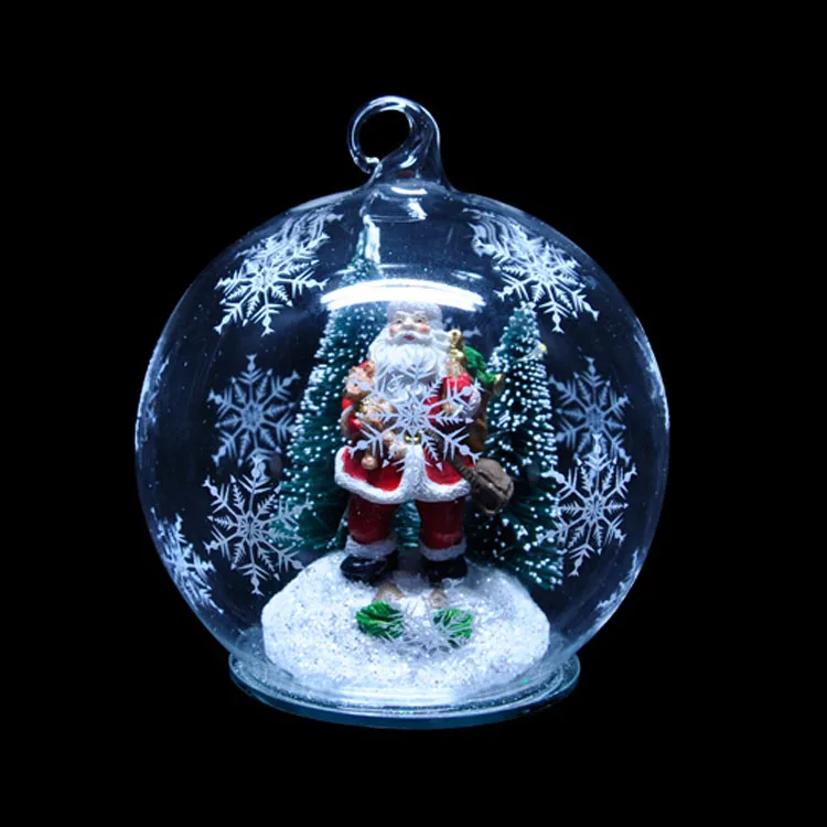12cm Decorative Glass hanging balls LED lighted Resin Angel inside snow Christmas decoration