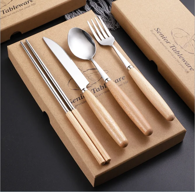 
XINCHU 4pcs Stainless Steel Wooden Handle Including Knife Fork Spoon 