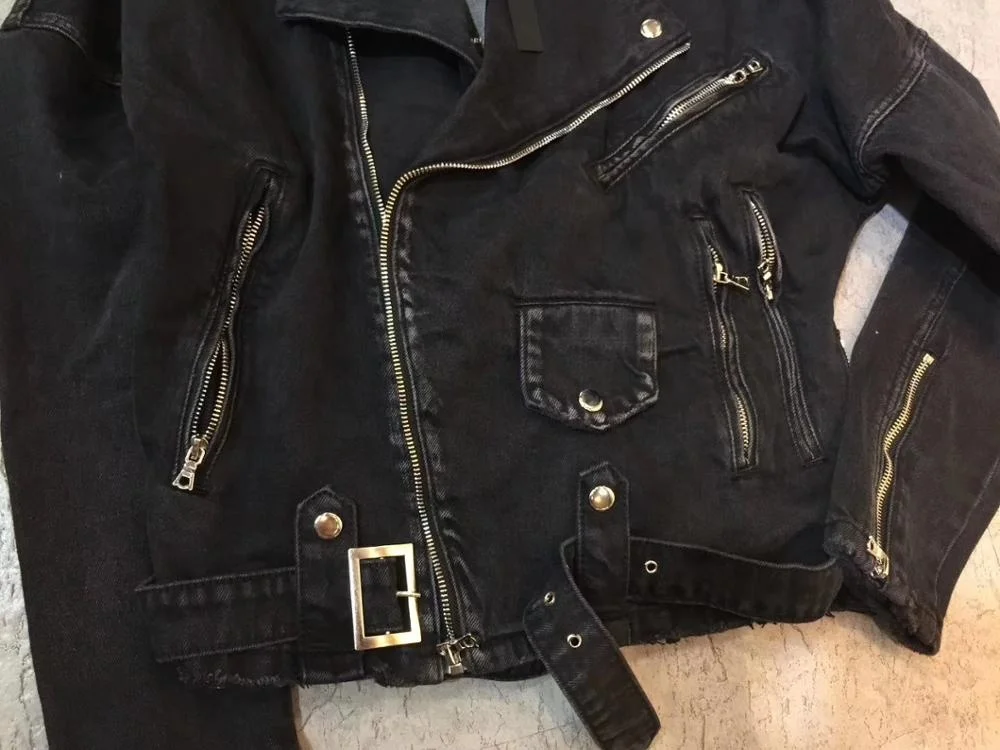 OEM private label men custom stock dropshipping  black biker distressed mens denim jacket