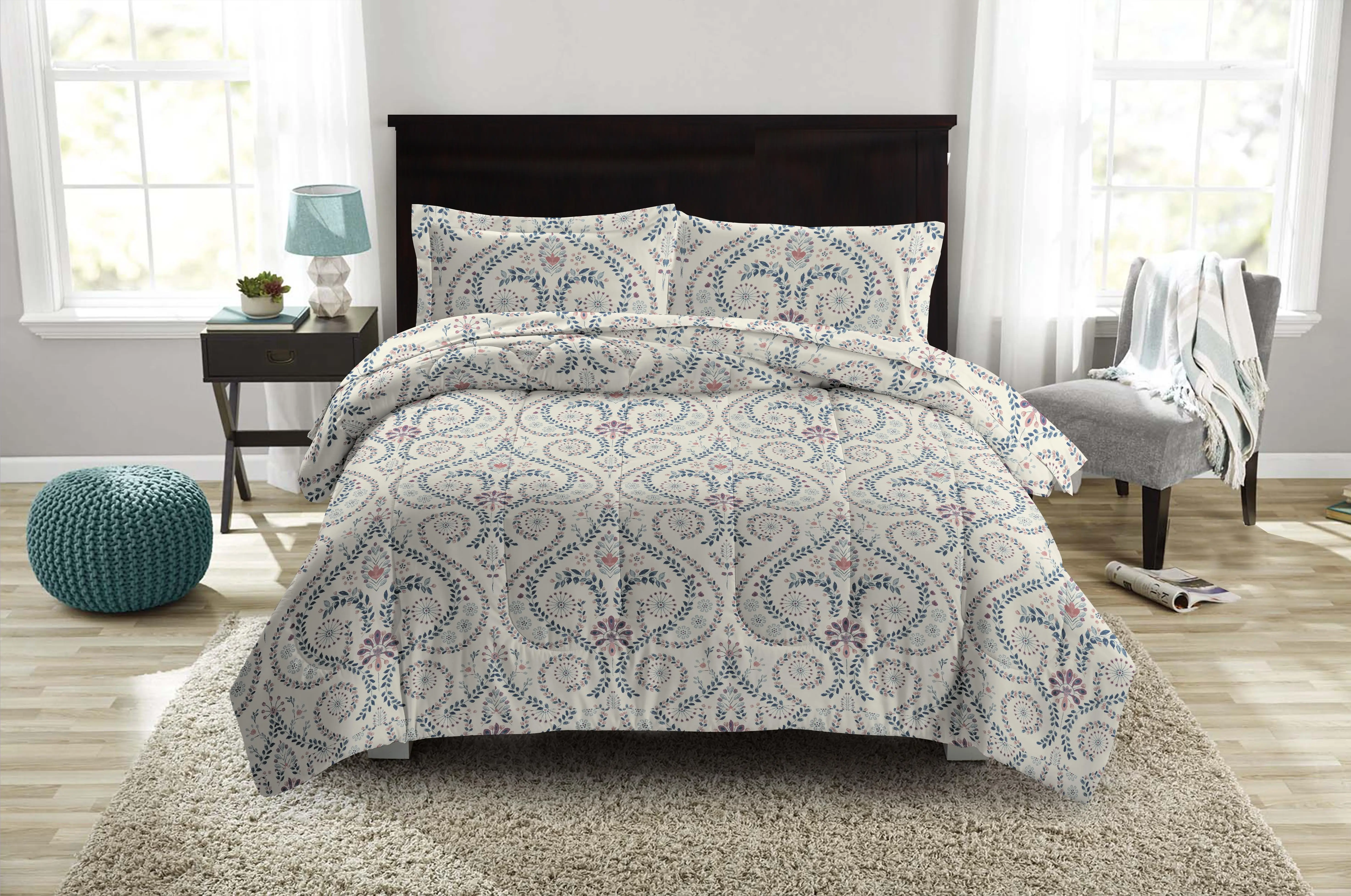 Queen Comforter Set - 6 Pieces Printed Bed Set Bed in A Bag Queen with Comforters, Sheets, Pillowcases & bed skirt