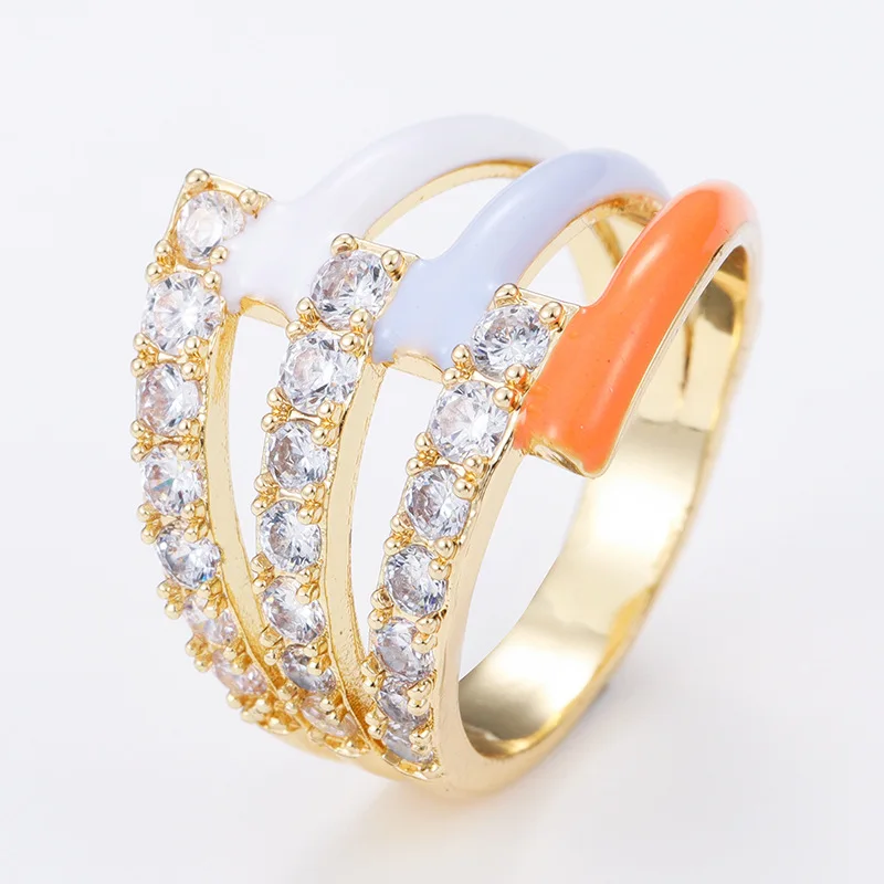 Candy color gold microscope zircon geometric brass ring retro enamel rings for woman