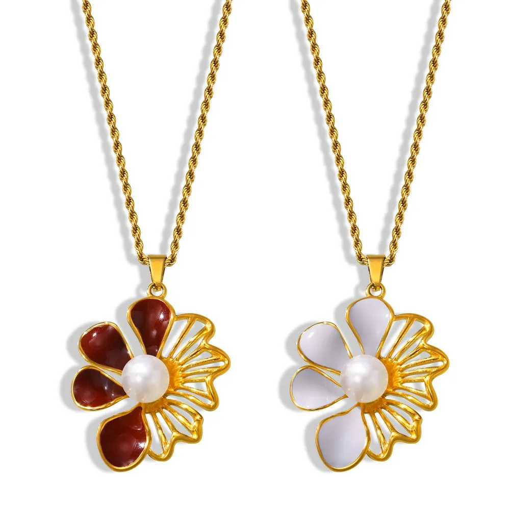 New Enamel Flower Stainless Steel Pearl Necklace Fashion 18k Pvd Coated Waterproof Stainless Steel Necklace