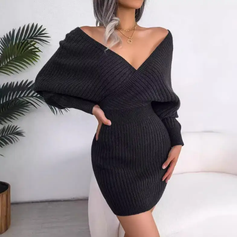 RNSHANGER Solid Color Backless Knitted Dresses V Neck Sexy Slim Fit Temperament Long Sleeves Basic Women Sweater Mini Dress