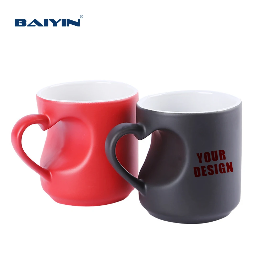 Baiyin Matte Heart Shape Handle Sublimation Mug Black Red 11 oz Coffee Magic Mugs Sublimation Ceramic Color Change Mug