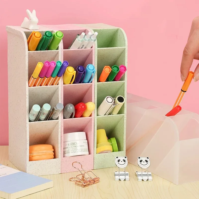 Desk Pen Holder Pencil Makeup Storage Box Kawaii Large Capacity Desktop Organizer Stand Case School Office Stationery