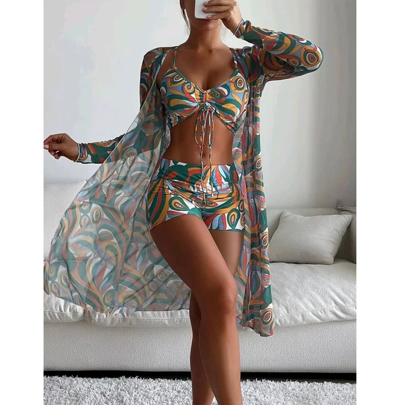 2024 Sexy Summer Mesh See Through Beach Wear Cover Ups Women Swimwear Swimsuit Beach Wear Cover Up Three Piece Bikini Set