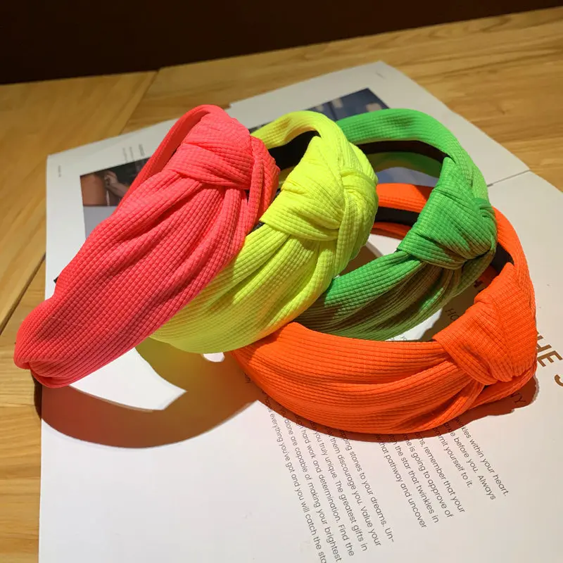 
2021 New design fluorescence solid color fabric knotted women headband 
