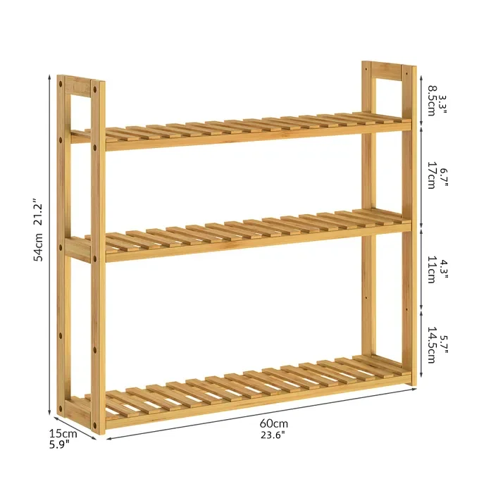 3 Tiers Adjustable Height Wall Mounted Bamboo Storage Rack Bamboo Bathroom Shelf