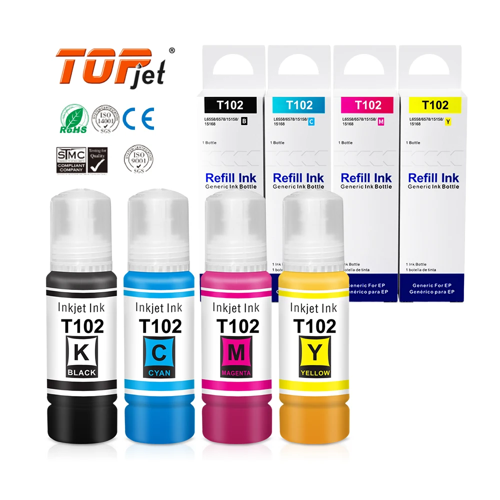 Topjet T102 Water Based Bulk Bottle Refill Kit Tinta Dye Ink Compatible For Epson ET 2700 2750 3700 3750 4750 Printer