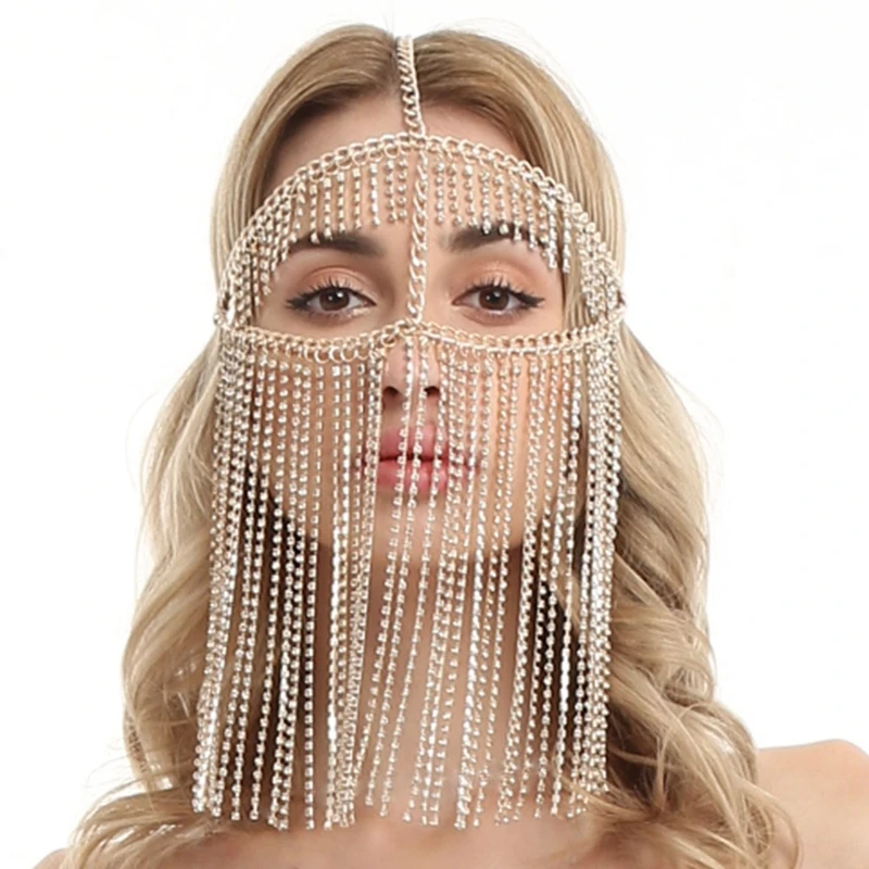  Rhinestone Chain Tassel Facemask Face Jewelry Women Mardi Gras Head Dance Performance
