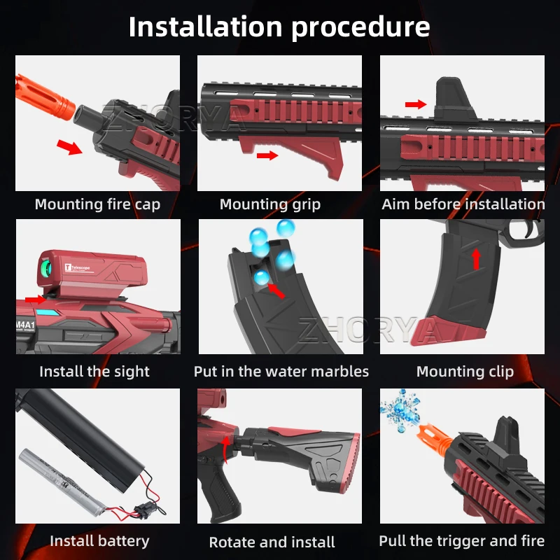 Zhorya Electric M4A1 gel blaster toy gun three colors M416 7-8mmsoft bullet fast shooting splatter blaster gun