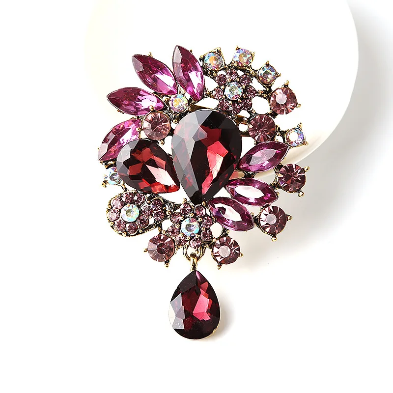 Custom Vintage Wedding Bride Big Blue Crystal Drop Colorful Flower Rhinestone Teardrop Brooch for Woman