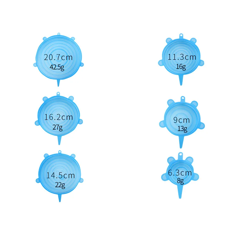 6 pack universal various sizes reusable durable expandable BPA Free flexible stretch silicone lid set for food cans,jars,bowls