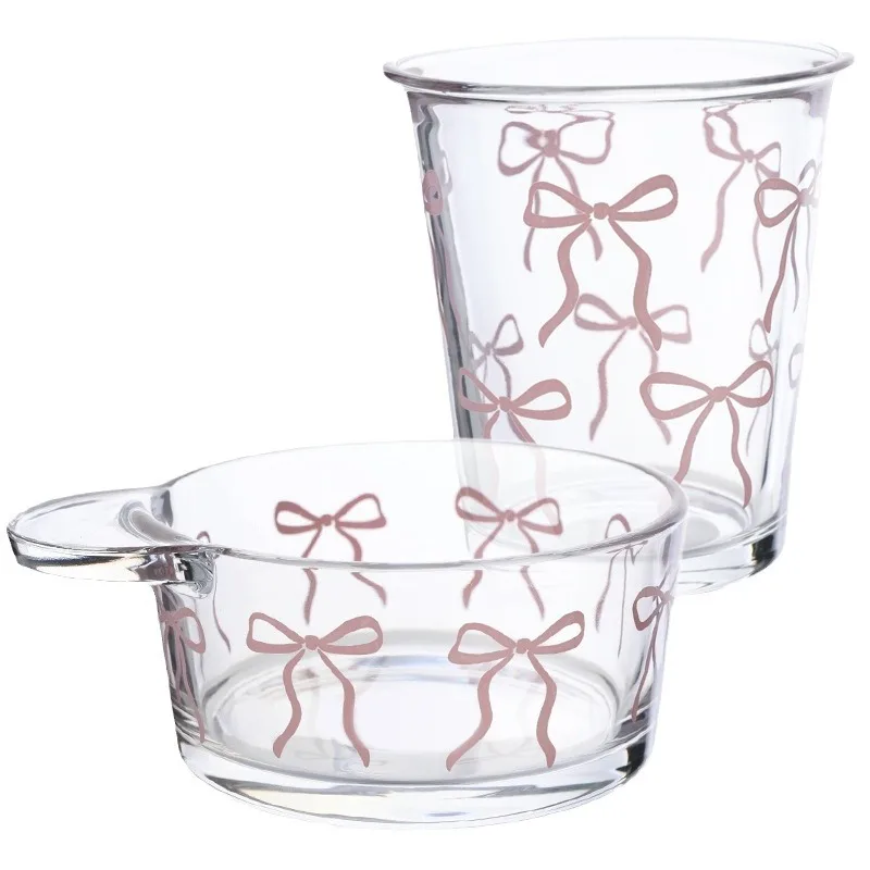 Lelyi Ins Hot selling Cute Bow Glass Bowl Set High Quality Yogurt Bowl and Coffee Cup Wholesale Price