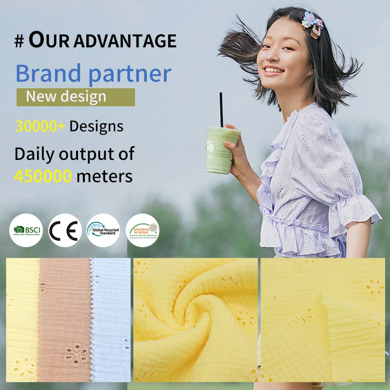 Eco-Friendly 100% Cotton Double Gauze crepe fabric Soft Muslin woven pleated crinkle fabrics for Baby garment