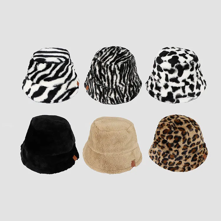 Fuzzy Leopard Zebra Pattern Faux Fur Rabbit Fur High Quality Fisherman Hat Bucket Hat For Women Trendy Adult