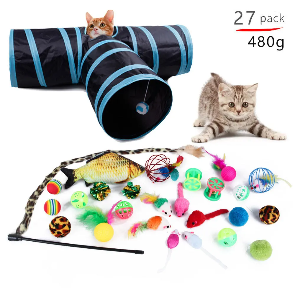 Wholesale Low Price cat toy combination 21pcs Set suit cat tunnel bell ball teaser stick mouse interactive cat toys