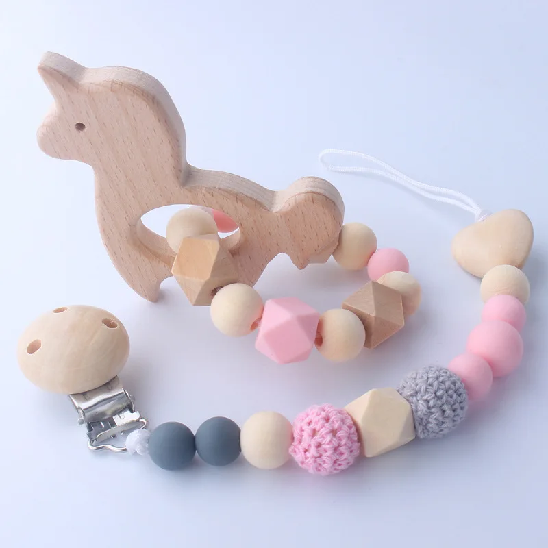 Factory Wholesale Eco Friendly Bpa Free Silicone Bead Baby Teether Pacifier Clip  Chain Suit New
