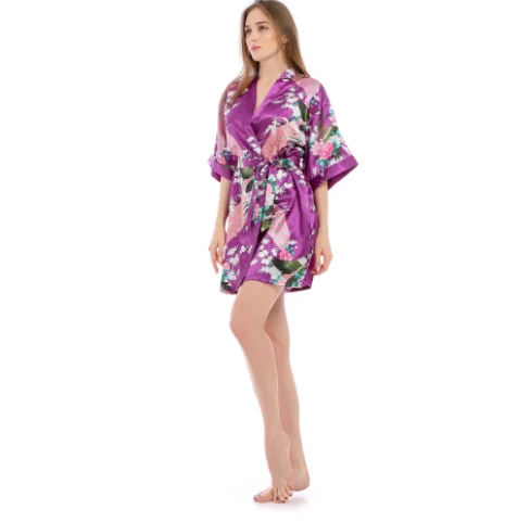 Wholesale ladies peacock short cardigan silk satin robes for luxury women home wear