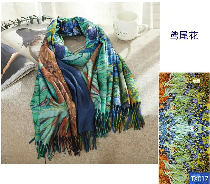 silk like print scarf customized famous painting large size shawl for women spring