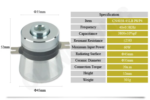 2023 High Quality Transducer With Screw Hole 40k 60w Piezo Ultrasonic Transducer For Yuhuan Valve Washing Machine