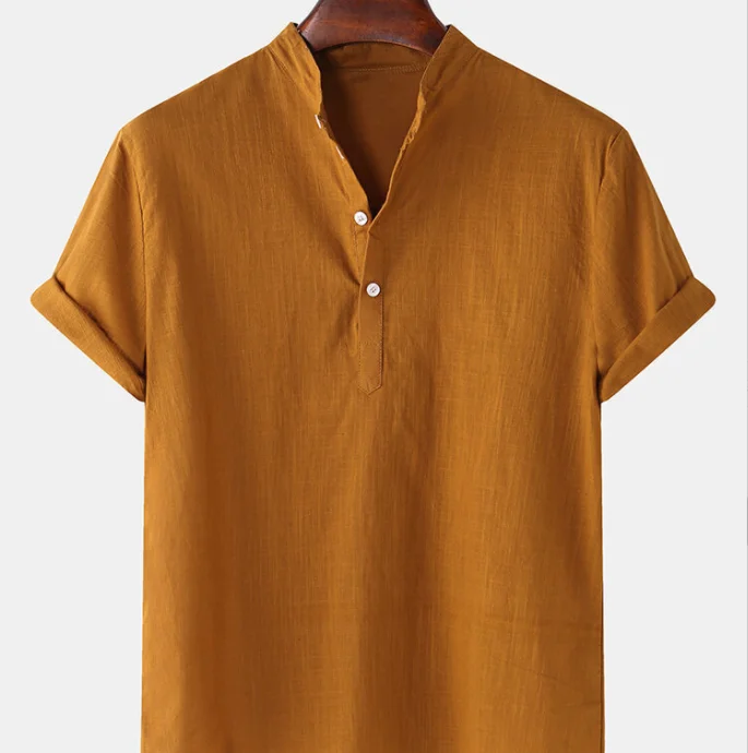 Men Summer Shirt Short Sleeve Cotton Linen Shirt Regular Fit V Neck Button Down Vintage Clothes Top Solid Color T Shirts