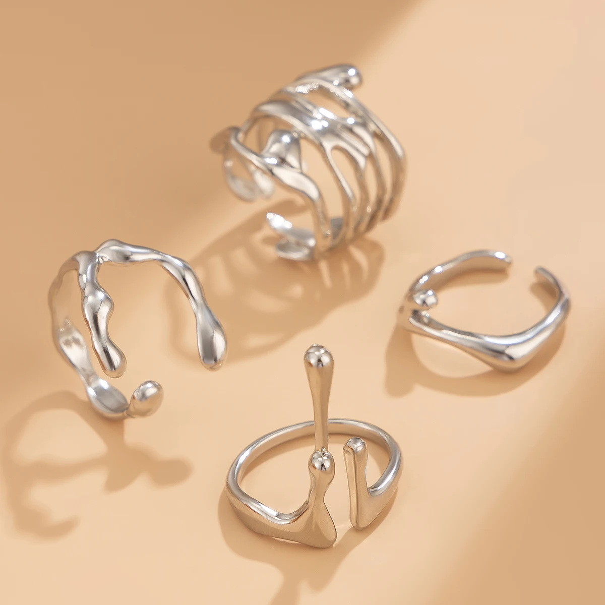 4 Pieces Irregular Designer Liquid Metal Rings Sets for Women Trendy Stackable Finger Rings on Hand Accessories Fashion Jewelry