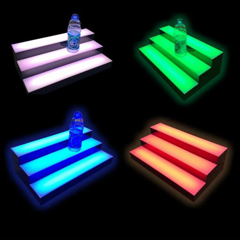 Custom 3 Step LED Lighted Bar Shelf Tiered LED Glow Illuminated Acrylic Wine Bottle Shelf Display