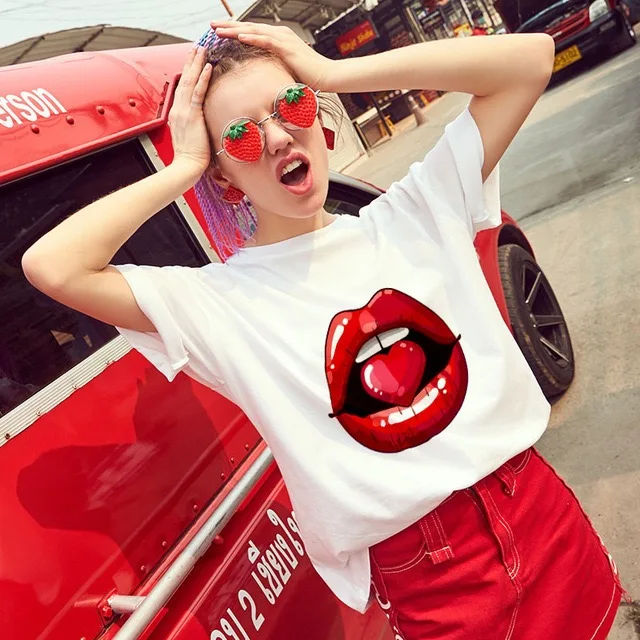 
Women O-Neck Short Sleeve Top Tee Red Lips Printed T Shirts 