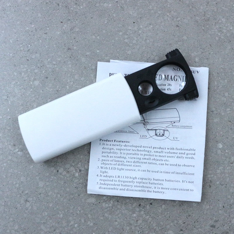 Pocket 20x 45x Dual UV Currency Jewelers Folding Loupe Magnifier with LED & UV