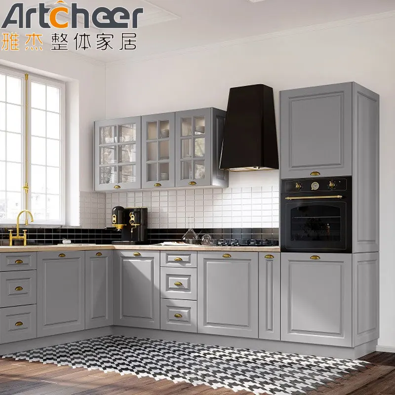 Modern kitchen cabinets in solid wood material quartz stone table top with nice accessories